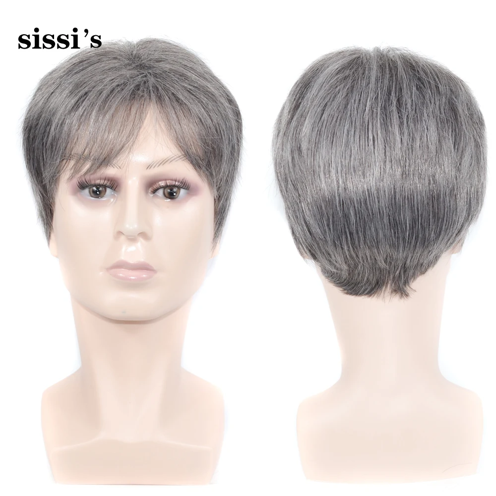 Fancied Hair Short Silver gray Synthetic Hair Wig Mens Male Hair Fleeciness  Realistic Wigs