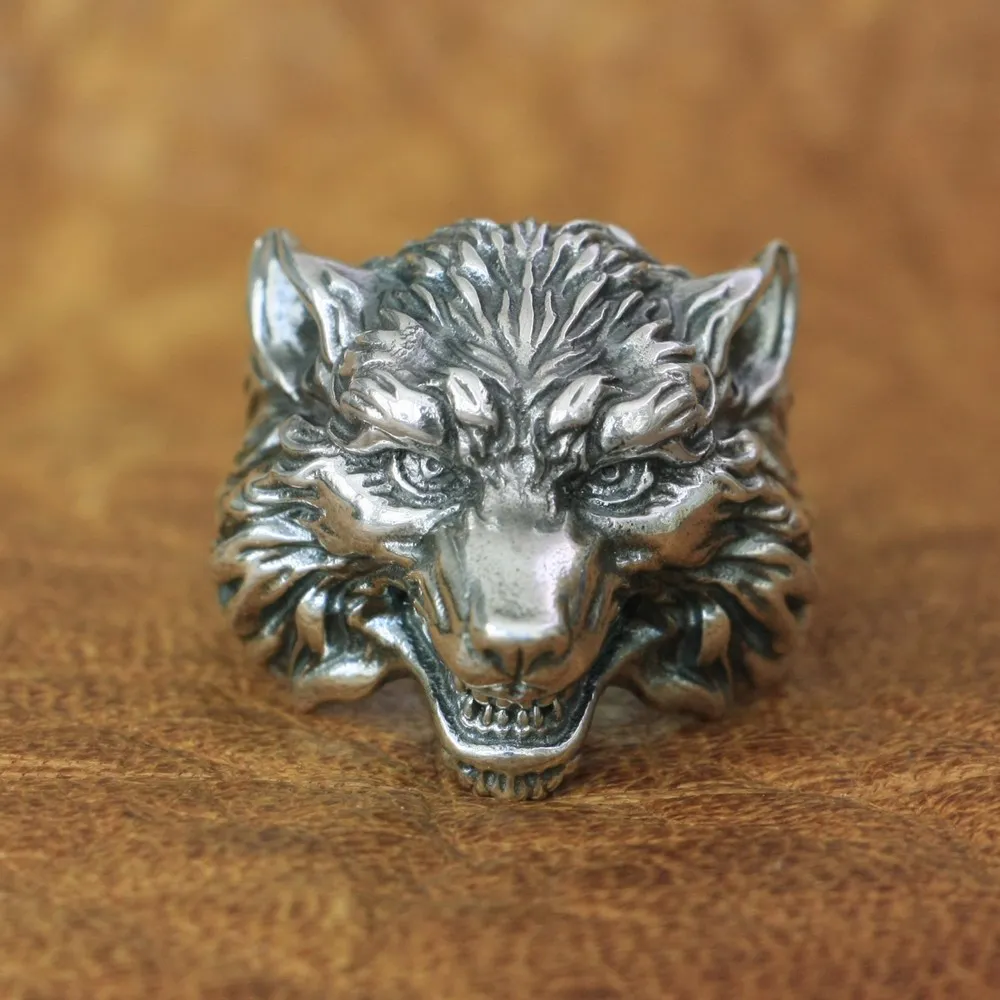 

LINSION 925 Sterling Silver High Details Wolf Ring Mens Biker Punk Ring TA163