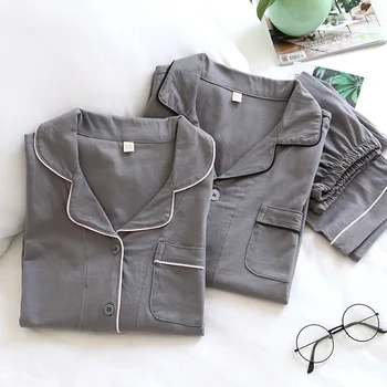 

Wholesale Spring And Autumn Cotton Couples Pajamas Large Size Solid Color Japanese-Style Male Women'S Pure Long Sleeve