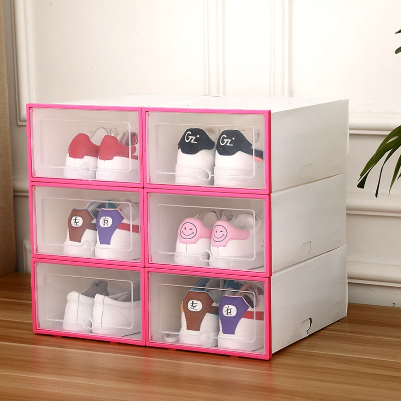 6pcs Shoe Box Thickened Transparent Foldable Shoe Storage Boxes Save Space Plastic Shoe Organizers Rack Cabinet - Цвет: Pink