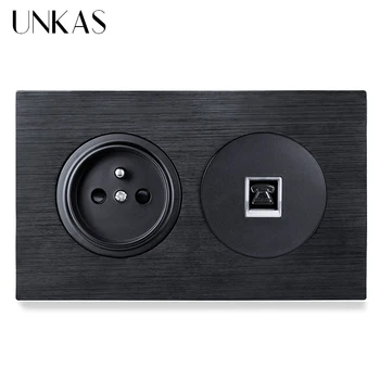 

UNKAS 16A French Standard Port + Female RJ11 Telephone Jack Wall Socket 146MM*86MM Black Aluminum Panel Outlet