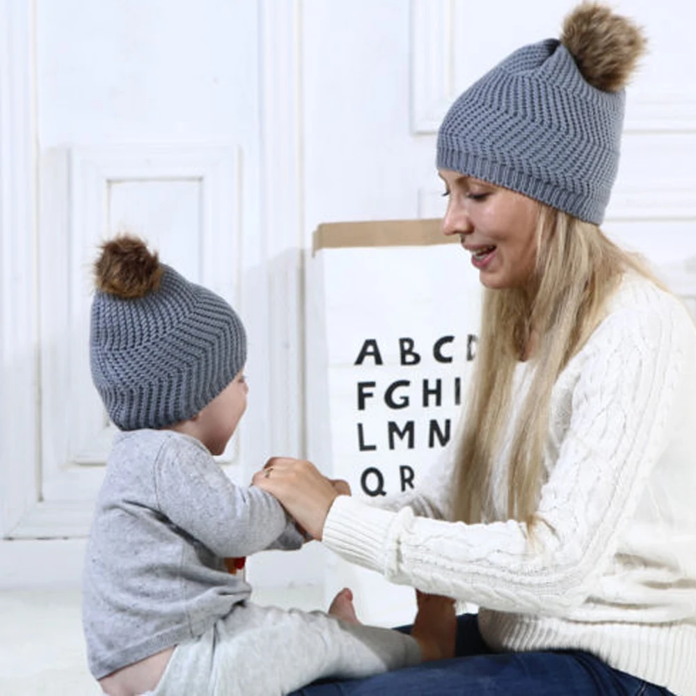Теплая зимняя вязаная шапка для мамы и ребенка, вязаная крючком Лыжная шапка