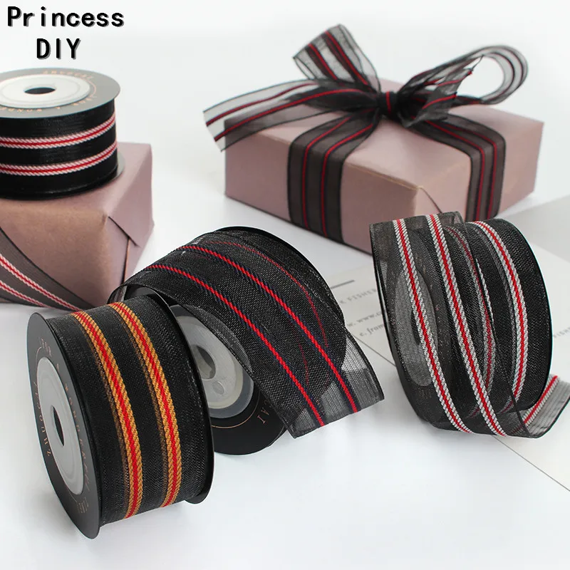 

5M Flower Gift Wrap Material Color Collision Black Organza Ribbon Striped Tape Trim for Craft DIY Hair Bow Wedding Baking Decor