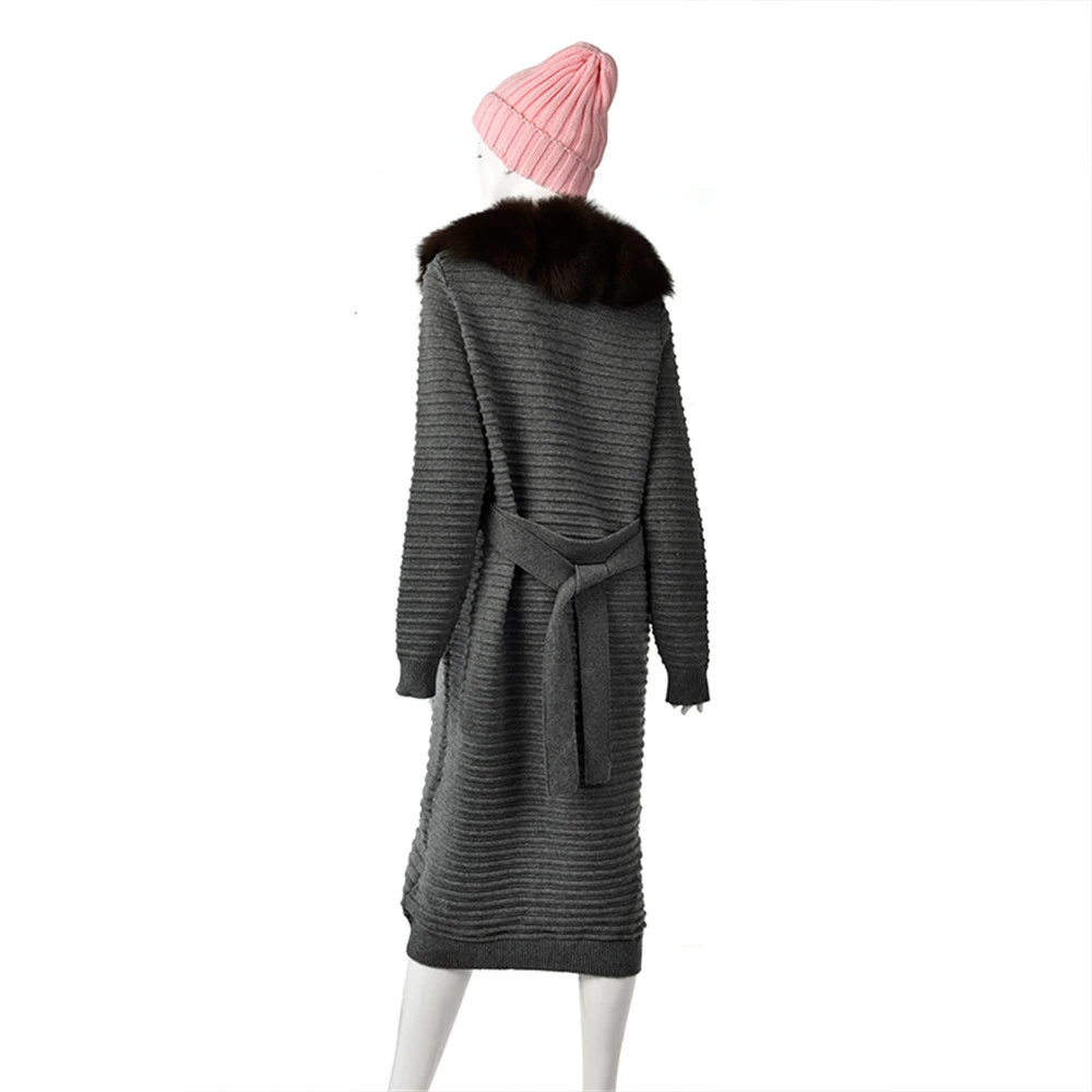 Tatiana Furclub Модное темно-серое трикотажное пальто с поясом зимнее пальто из натурального меха женское тонкое вязаное с лисьим меховым воротником длинное пальто