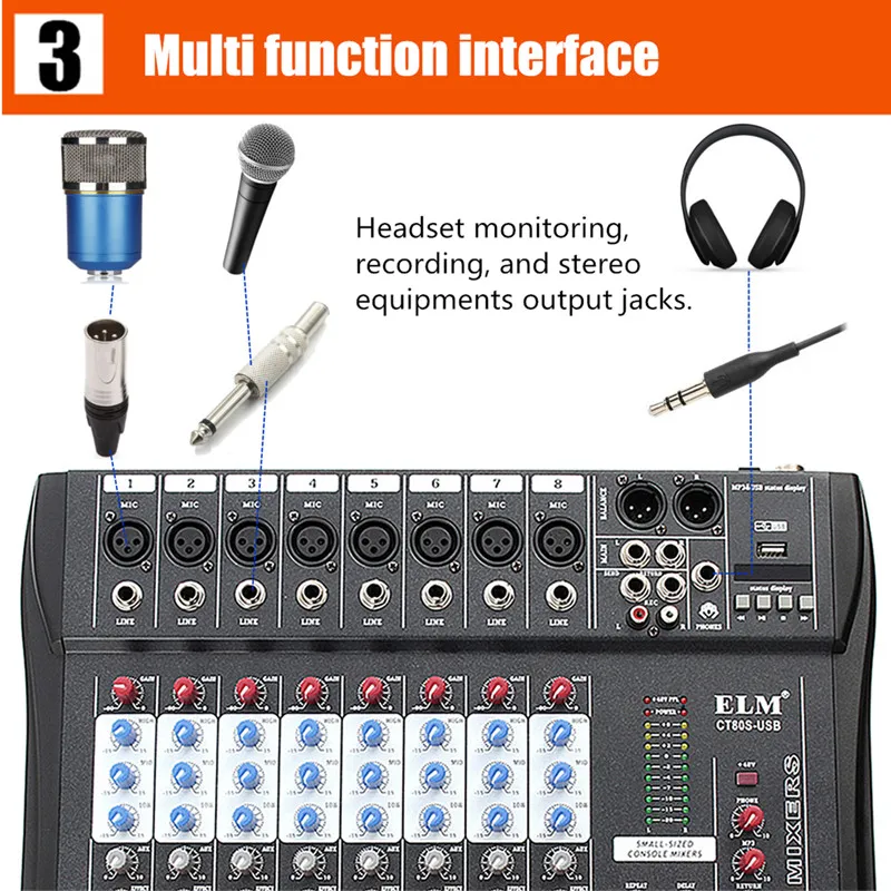 Профессиональный 8-канальный микшерный пульт записи 48 В Phantom power Monitor 8 каналов аудио микшер с USB для караоке Вечерние