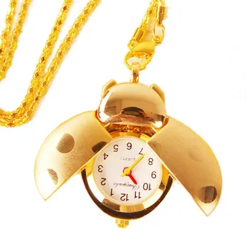 

New Arrival Beetle Pocket Watch Womens Girl Small Animal Necklace Pendant Quartz Shellhard Ladybug Fob Pocket Watch with Chain