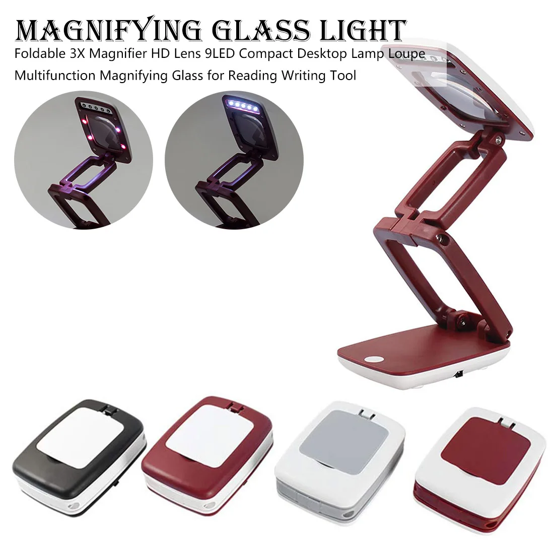 

Foldable 3X Magnifier HD Lens 9LED Compact Desktop Lamp Loupe Multifunction Magnifying Glass for Reading Writing Tool