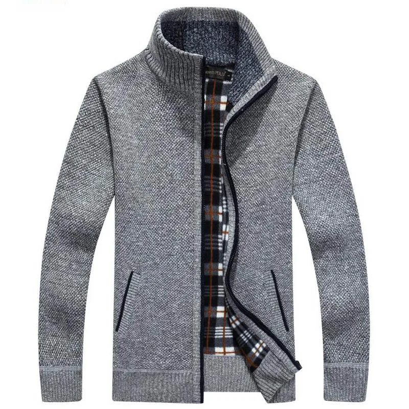 Мужская осенне-зимняя теплая куртка, мужской толстый бархатный трикотаж, кардиган, свитер, пальто, мужские повседневные куртки с воротником-стойкой, флисовая одежда - Цвет: Серый