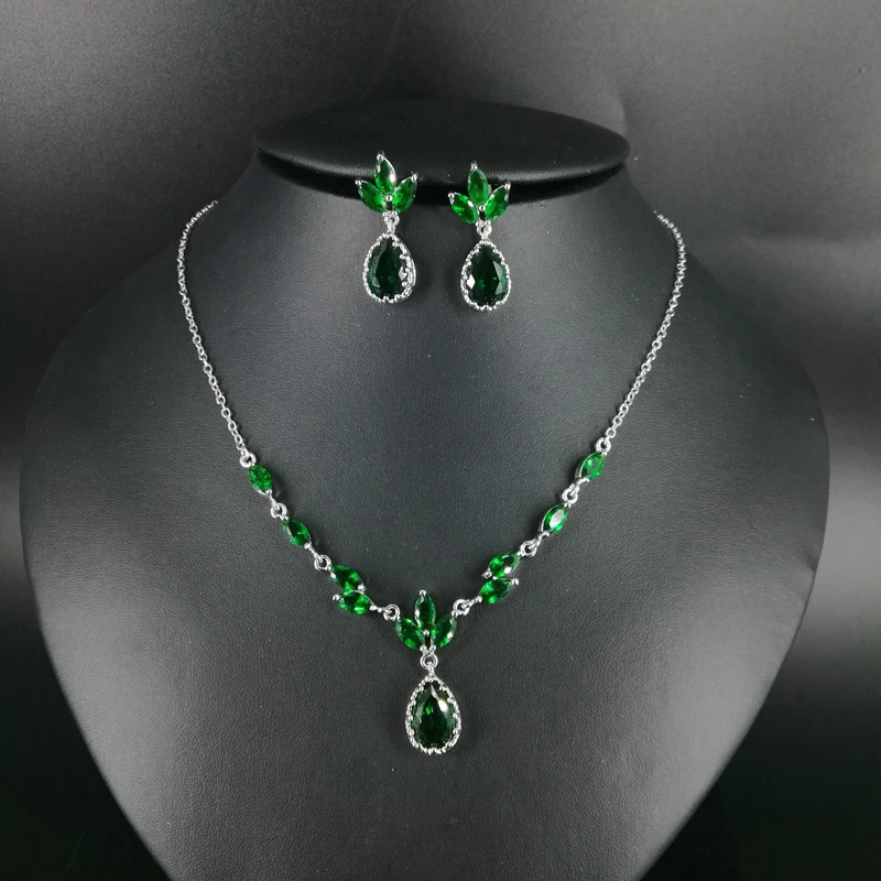 

2019 new fashion green water drop zircon necklace earring set,wedding bridel dinner party banquet dress jewelry free shipping
