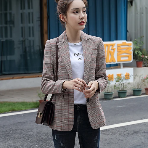 Brown Blazer Блейзер для женщин, для девушек, Повседневный, белый, серый, коричневый, клетчатый Блейзер, новинка, Осень-зима, однобортный, длинный пиджак, пальто, S-4XL - Цвет: Brown Blazer