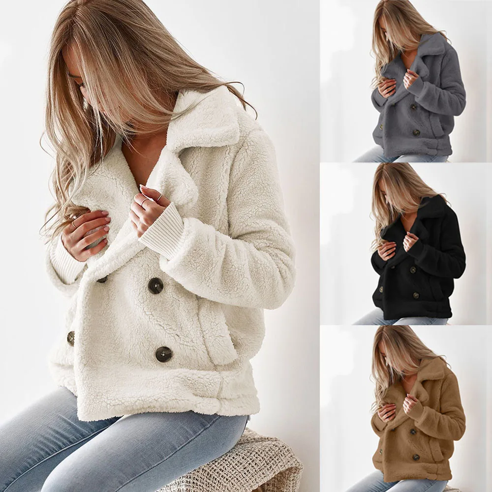 Плюшевое пальто размера плюс, толстая флисовая куртка, зимняя женская куртка с отворотом, длинным рукавом, на пуговицах, с карманами, плюшевое пальто, верхняя одежда, пальто 8,23