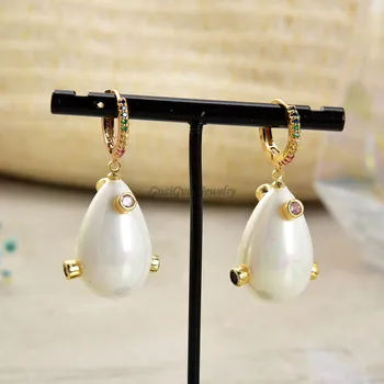 

GuaiGuai Jewelry Teardrop White Sea Shell Pearl Mixed color Cz Pave Lever back Earrings