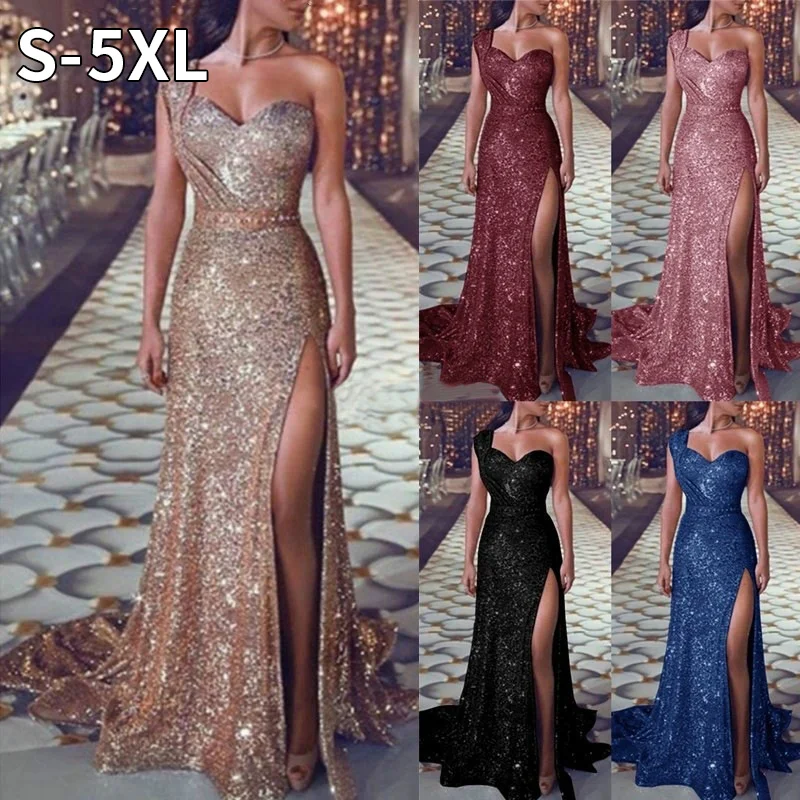 

S-5XL Large Size Evening Party Dress Tube Top Floor Dress Women Clothing Set Full Long Dress Sequin One Shoulder Glitter