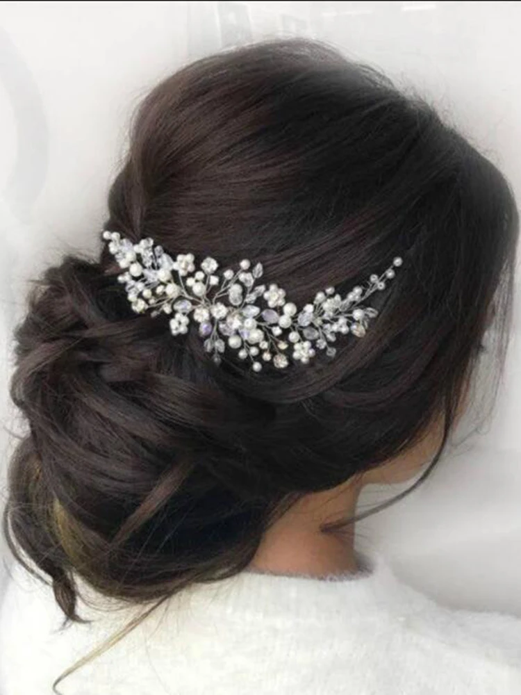 Vintage Silver Pearl Crystal Wedding Hair Combs Tiara Bridal Headband For Party Women Hair Accessories Ornaments Jewelry