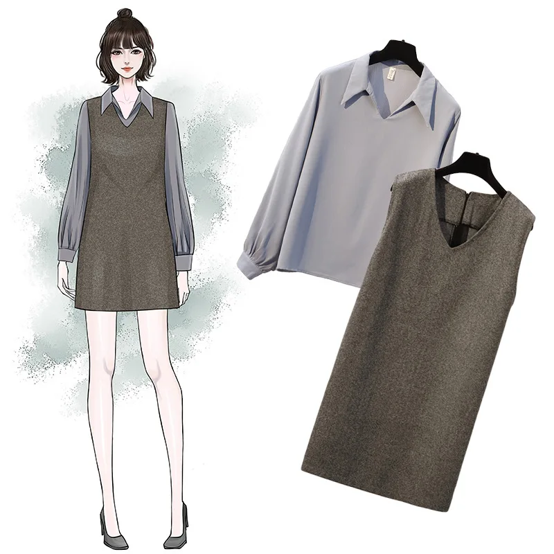 

Fat Mm Large Size Dress 2019 Spring Plus-sized Fashion Simple Shirt + Vest Two-Piece Set