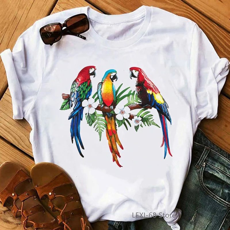 

Colorful Parrot With Tropical Flowers Print T Shirt Women Cockatiels Bird Tshirt Femme Kawaii Clothes Vogue Funny Female T-Shirt