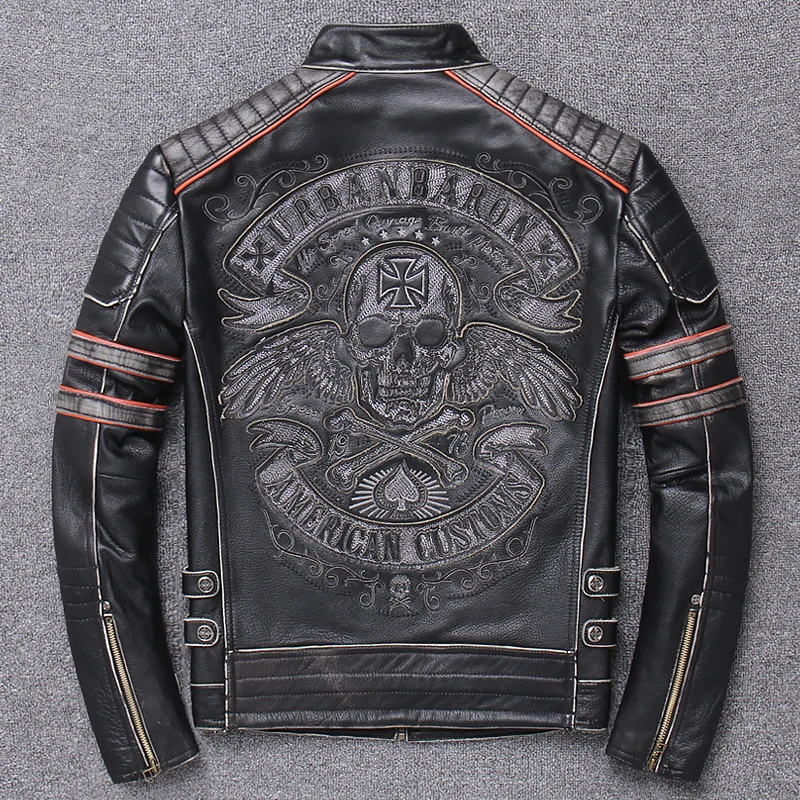 

2020 Vintage Black Men's Skull Embroidery Slim Fit Motorcycle Leather Jacket Plus Size XXXXL Genuine Cowhide Biker's Coat