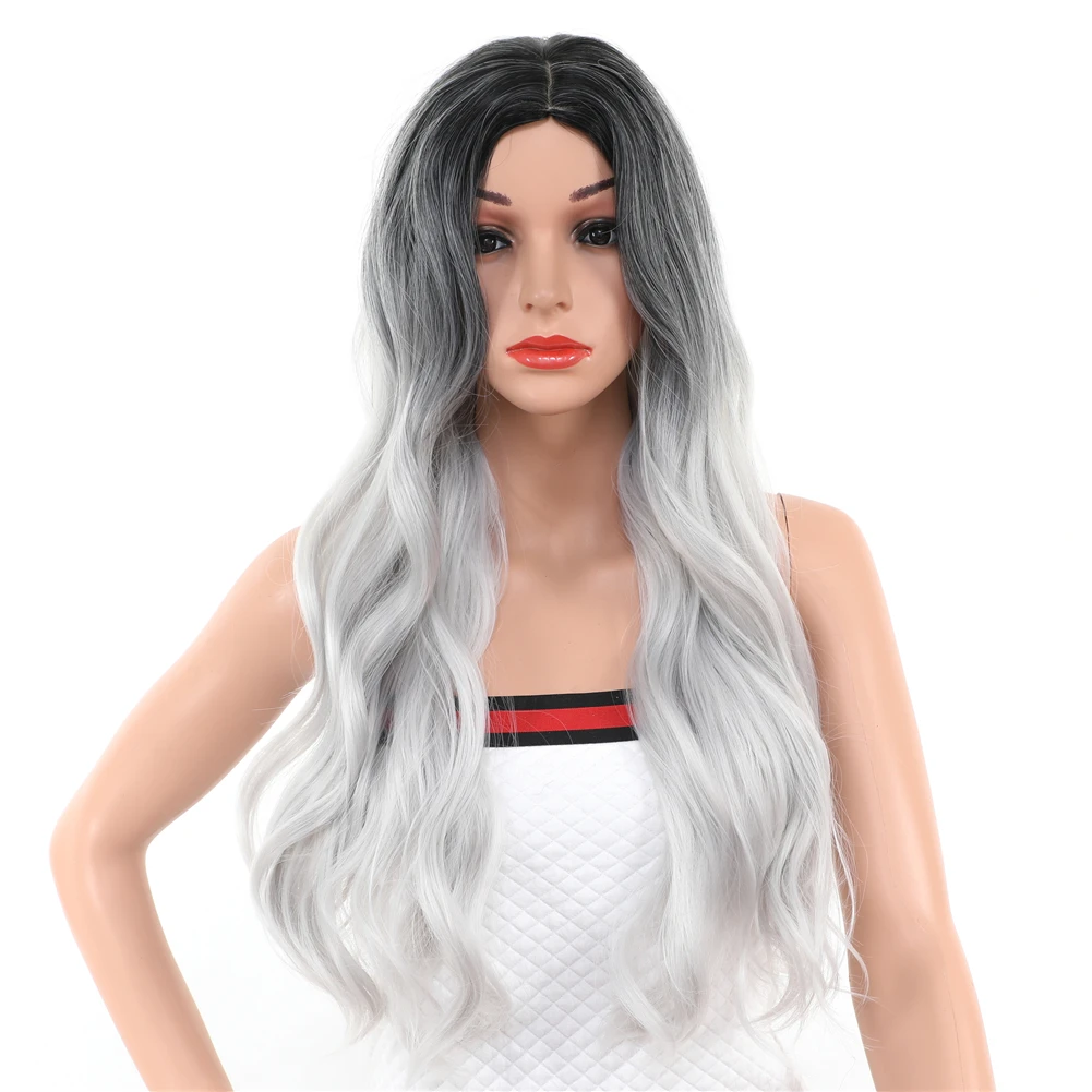 

30 Inch Ombre Wig Middle Part High Temperature Fiber Synthetic Hair 1B/Grey White Long Wavy Body Wave Wigs for Women Cosplay