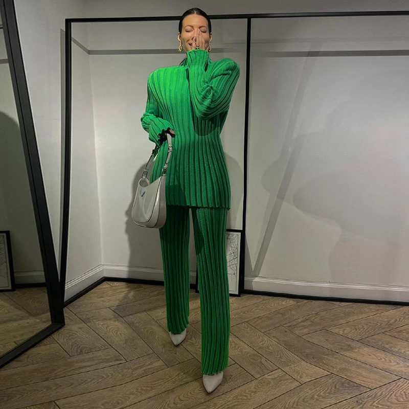 Fashion Ribbed Women's Turtleneck Sweater Green Long Sleeve Shrugs Knitwear Jumper Female Knitted Tops 2025 Autumn Winter
