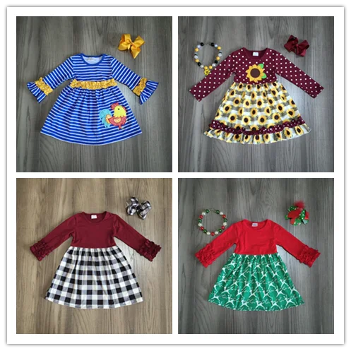 Для маленьких девочек осенне-зимнее платье для девочек на Рождество платье ELK; петух подсолнечное платье в клетку для детей классическое платье с леопардовым принтом для