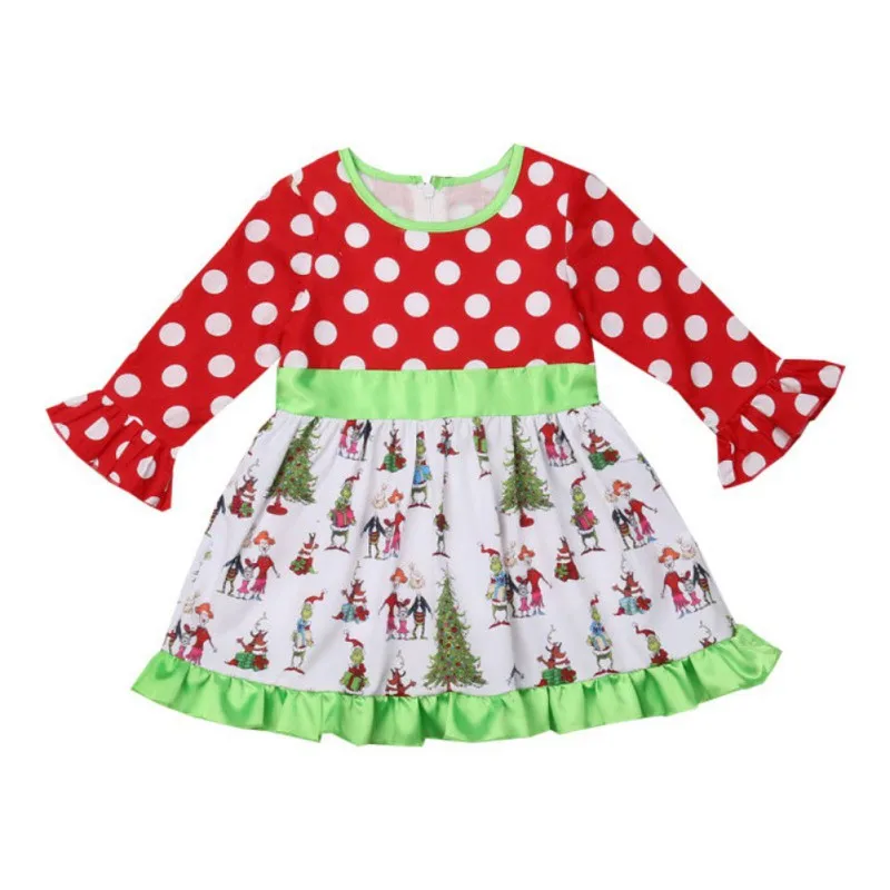 

hilittlekids Autumn Casual Baby Girls Long Flare Sleeve Christmas Cartoon Tree Print Patchwork Dress Kids Pageant Dresses