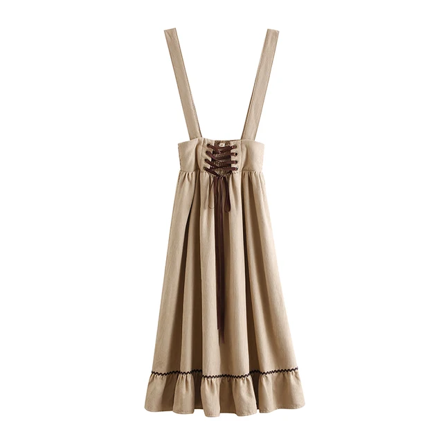 Qiukichonson Spring Summer Women Long Midi Suspender Skirt Teen Girls Preppy Style Cute Lace-Up High Waist Ruffle A-Line Skirts Apricot