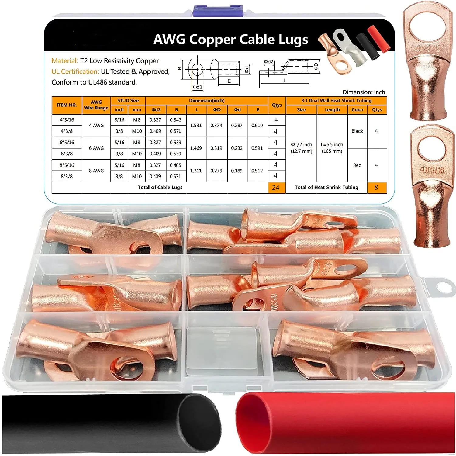 

Purple Copper AWG 8 6 4 2 Copper Wire Lugs with Heat Shrink Set,Heavy Duty Cable Closed End Cable Lugs ​Tubular Ring Terminals