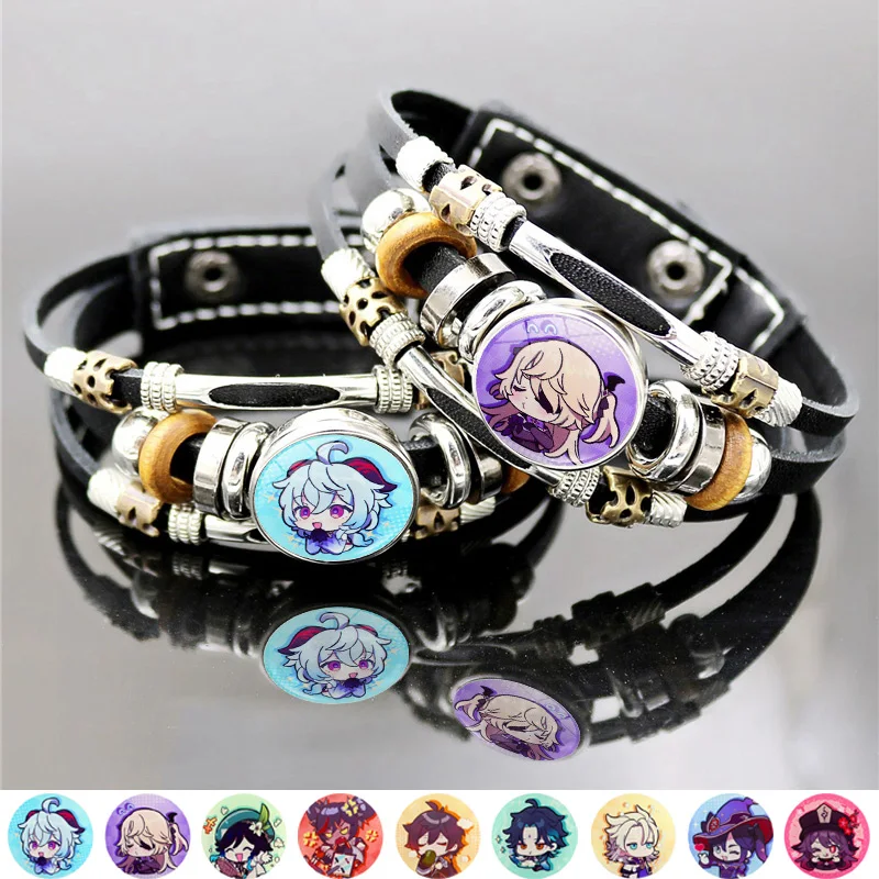 Game Genshin Impact Bracelet Cartoon Anime Zhongli Hutao Tartaglia Cosplay Jewelry Multilayer Snap Button Leather Men | Украшения и