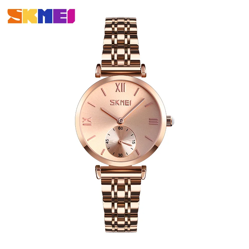 Women Rose gold SKMEI простые женские кварцевые часы ремешок из нержавеющей стали женские часы женские водонепроницаемые наручные часы Relogio Feminino 9198 часы - Цвет: Women Rose gold