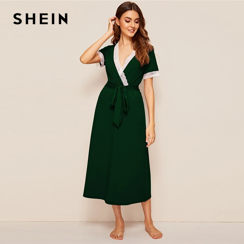 SHEIN Green Футболка с кружевной отделкой и глубоким v-образным вырезом, ночная сорочка с поясом для женщин, ночная рубашка, осенняя пикантная Женская одежда для сна с коротким рукавом