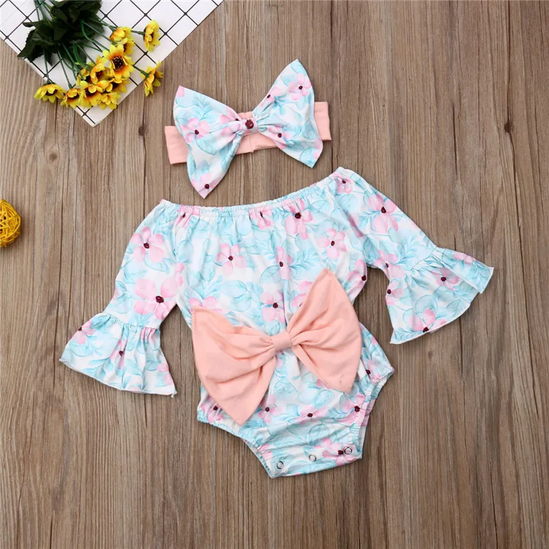 

Newborn Kids Baby Girls clothes off shoulder Floral print long sleeve Bodysuit Bow Geometry Headband 2pc Toddler autumn outfits