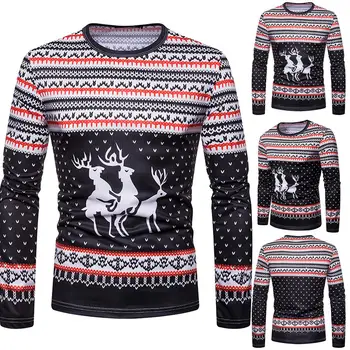 

Christmas Fashion Men Elk Print O Neck Long Sleeve Casual Bottoming Top Blouse Polyester/Spandex Xmas Style Casual Men's Blouse