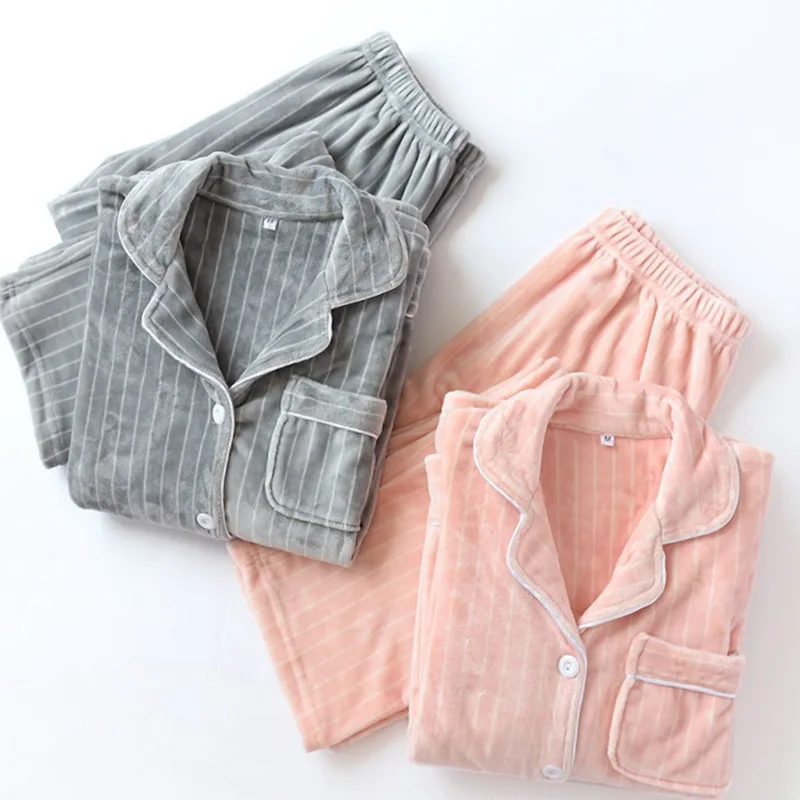 

Couples Island Velvet Pajamas Autumn & Winter Thick Thermal Suit Men's Women's Coral Velvet Stripes Home Wear