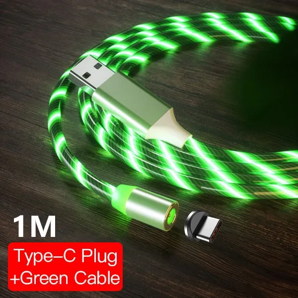 ACCEZZ Магнитный USB кабель светодиодный кабель быстрой зарядки для iPhone X 7 8 Plus 11 XS MAX samsung магнит Android мобильный телефон шнур провода - Цвет: For Type-C Green 1M