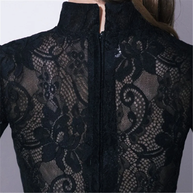 Черный воротник-стойка короткий рукав вышивка кружева коктейльные платья Иллюзия длиной до колена формальное платье LX410 еще стиль