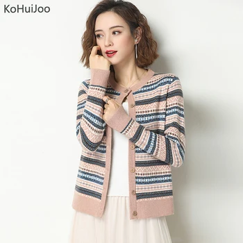 

KoHuiJoo Swearter Cardigans Women Contrast Color Patchwork Knitted Cardigan Spring Autumn Single Breasted O Neck Cardigan Coat