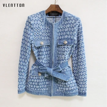 

Autumn Winter Jeans Jacket Women Sashes Metal Button Long Sleeve Casual Hollow Out Coat Female Denim Jackets Solid Slim Outwear