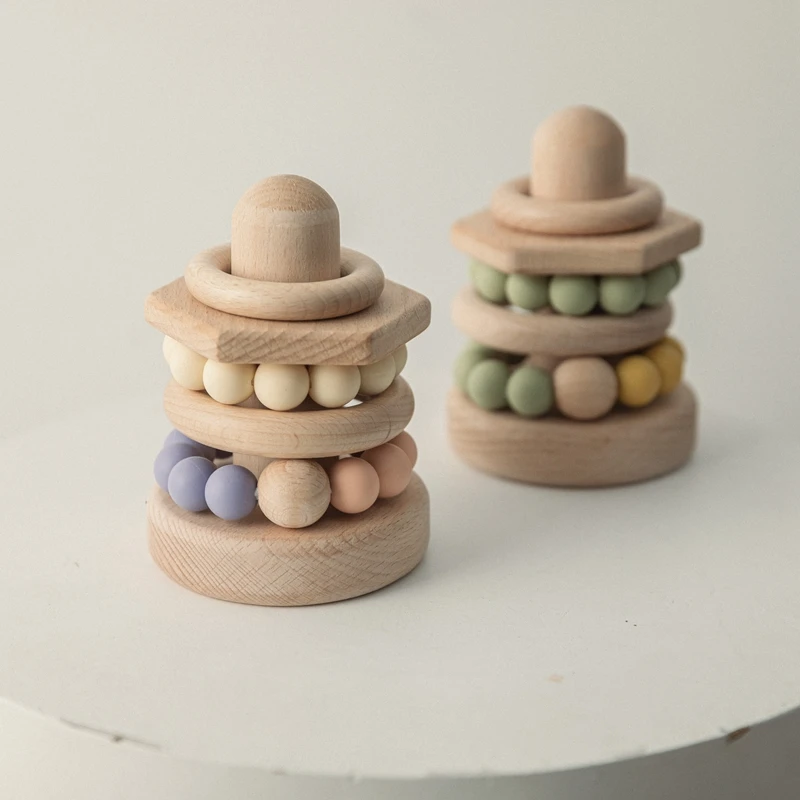 Bloques de madera de apilamiento de torre de anillo, juguetes de bloques de construcción de estilo nórdico, juego de apilamiento de arcoíris, Jenga, juguete de madera para enseñanza temprana