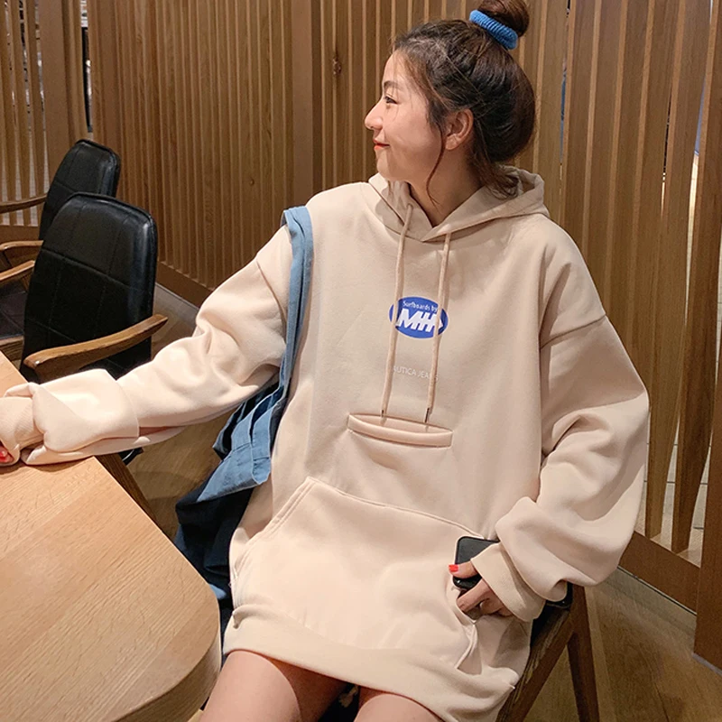 Ulzzang свободные Bf карман печати с капюшоном негабаритных теплый Harajuku Kawaii Винтаж Толстовка толстые карманные Пуловеры Женская одежда