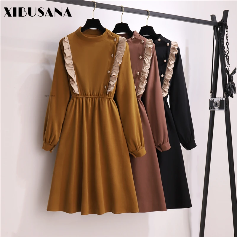 

XIBUSANA 2020 Autumn Winter New Long Sleeve Ruffles Dress Women's Vintage Solid O-Neck Pullover Single-breasted Dresses Female