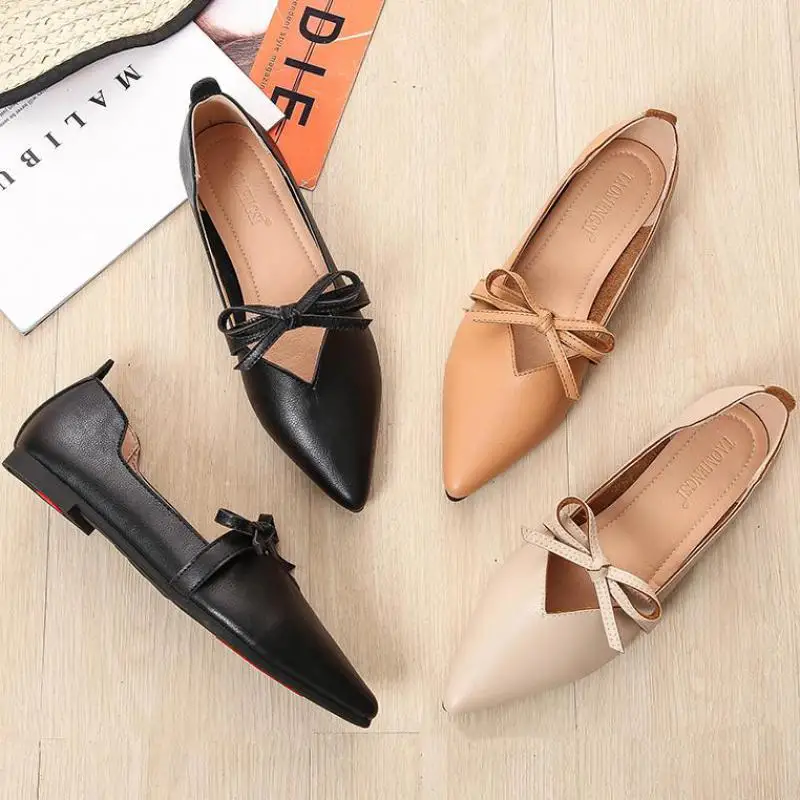 

Pointed Toe Women Flats Shoes Loafers Slip On Shallow Single Shoes Sweet Bow Office Lady Spring Autumn Footwear Zapatos Mujer