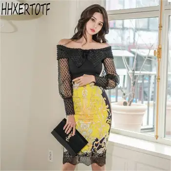 

2020 Summer OL 2 Pieces Suits Slash Neck Shirt Top +Lace patchwork Print Sheath Bodycon Pencil Skirt Set