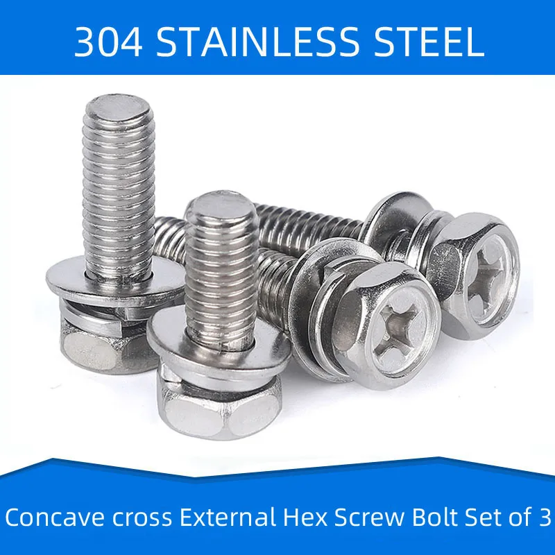 

304 Stainless Steel Concave Cross External Hex Screw Bolt with Washers Set of 3 Cuntersink Hexagon Fastener M3 M4 M5 M6 M8 M10