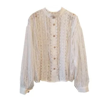 

New arrival Runway self portrait Hollow Out Lace Shirt Women mesh Beading buttons Elegant vintage luxury female Blouse Top
