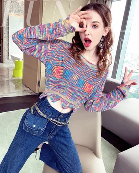 

2019 Autumn Fashion Women Sweater Color Matching Loose Pullovers Knitwear Hollow Sweaters Short Tops