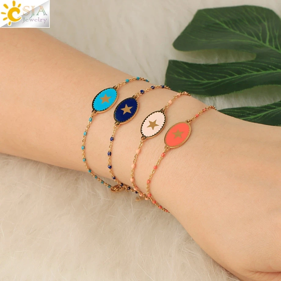 CSJA Stainless Steel Bracelet Women Enamel Star Charm Gold Color Link Chain Beaded Luxury Thin Acier Inoxydable Bracelets S718