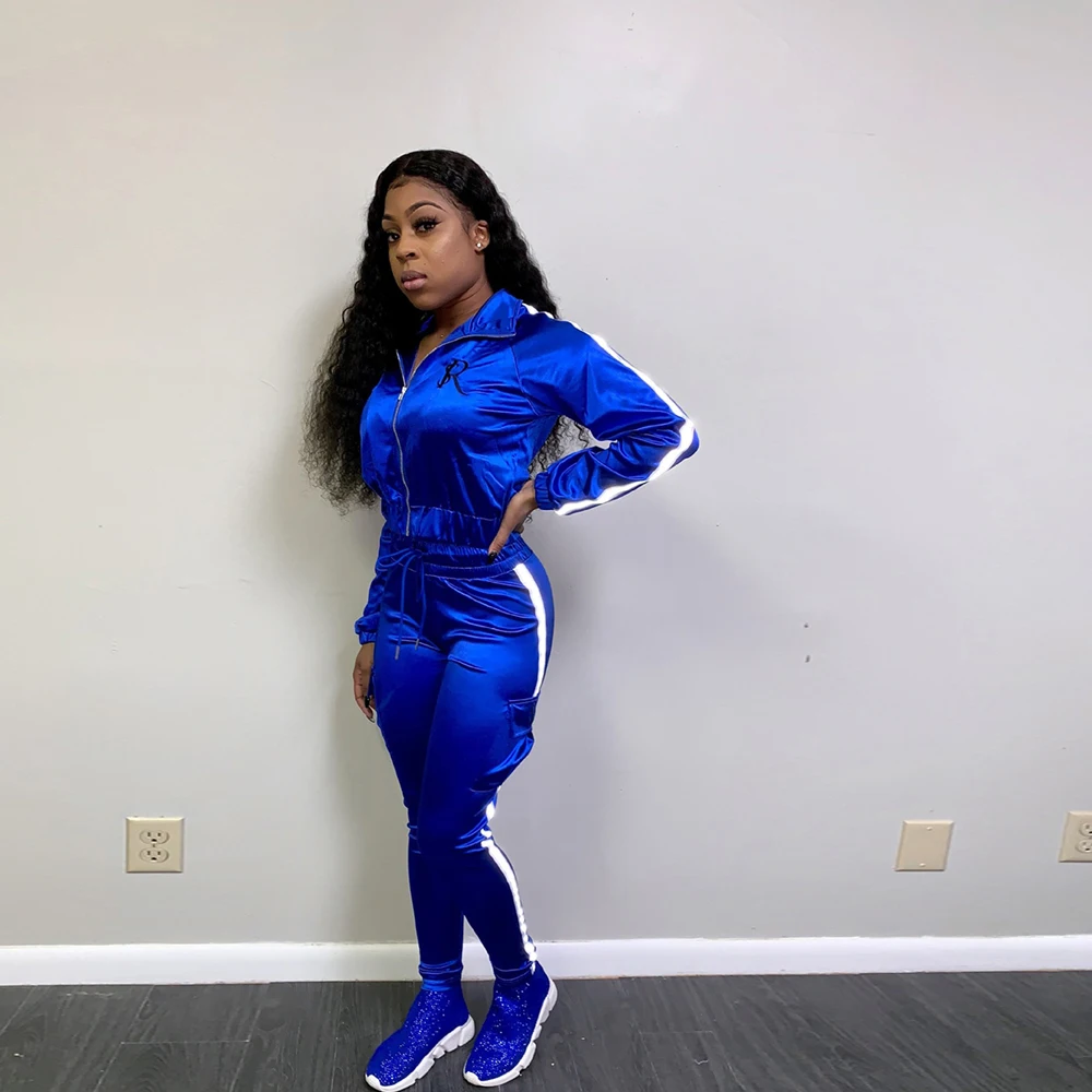 Женский спортивный костюм для бега, одежда для отдыха, спортивный комплект из двух предметов, Осенний светоотражающий костюм с Moda Mujer, спортивный костюм, женская одежда - Color: BLUE