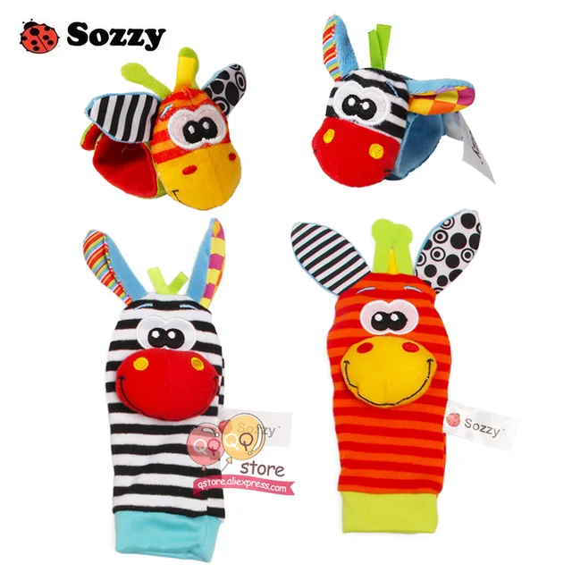 Sozzy Baby Rattles Soft Plush Toys 4 piece Foot Wrist Rattle Set Cartoon Newborn Development Educational Toys for Children Gift 3