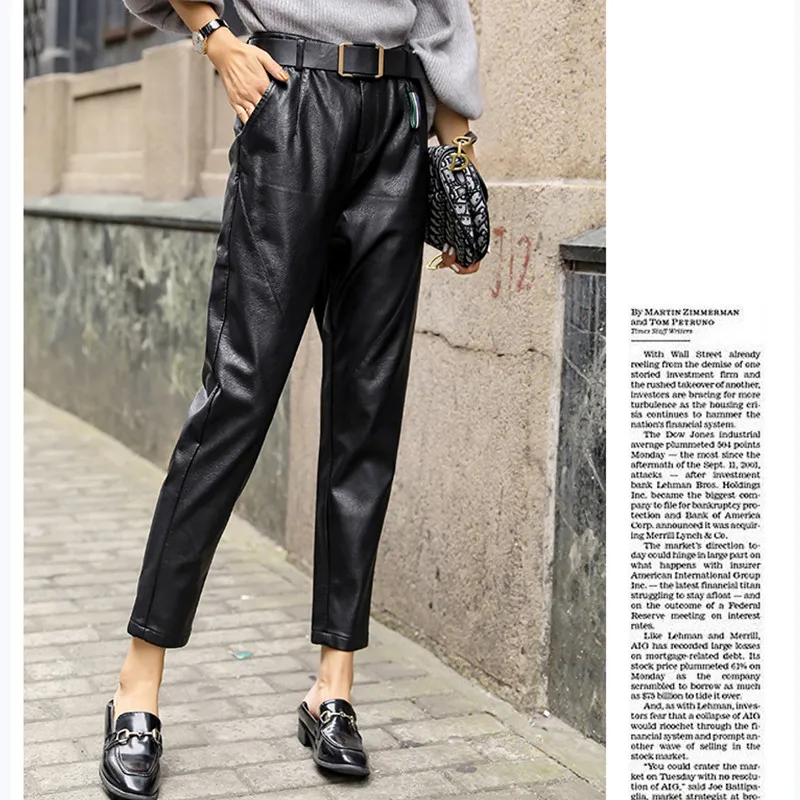 

woman PU pants classic black warm high quality PU straight-leg pants winter style pants