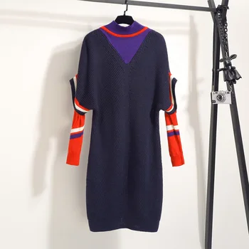 

New Fashion Knitted Women Streetwear Color Matching Loose Sweaters Pullovers Womens Turtleneck Sweater Dress